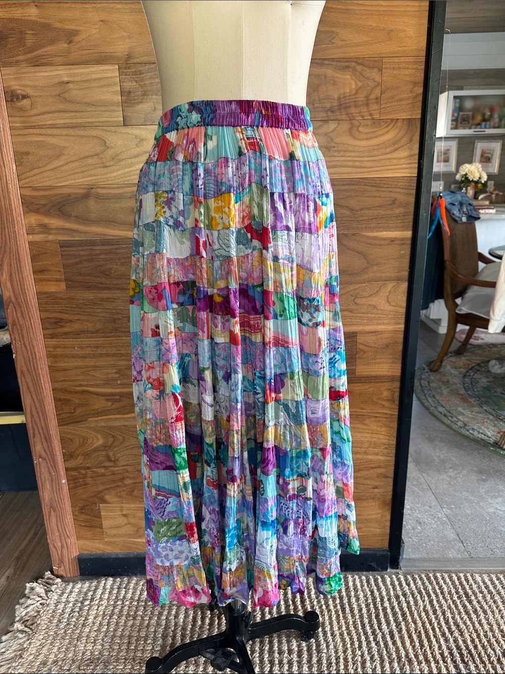 Pleated Multicolor Patchwork Maxi Skirt - Vibrant Floral Print